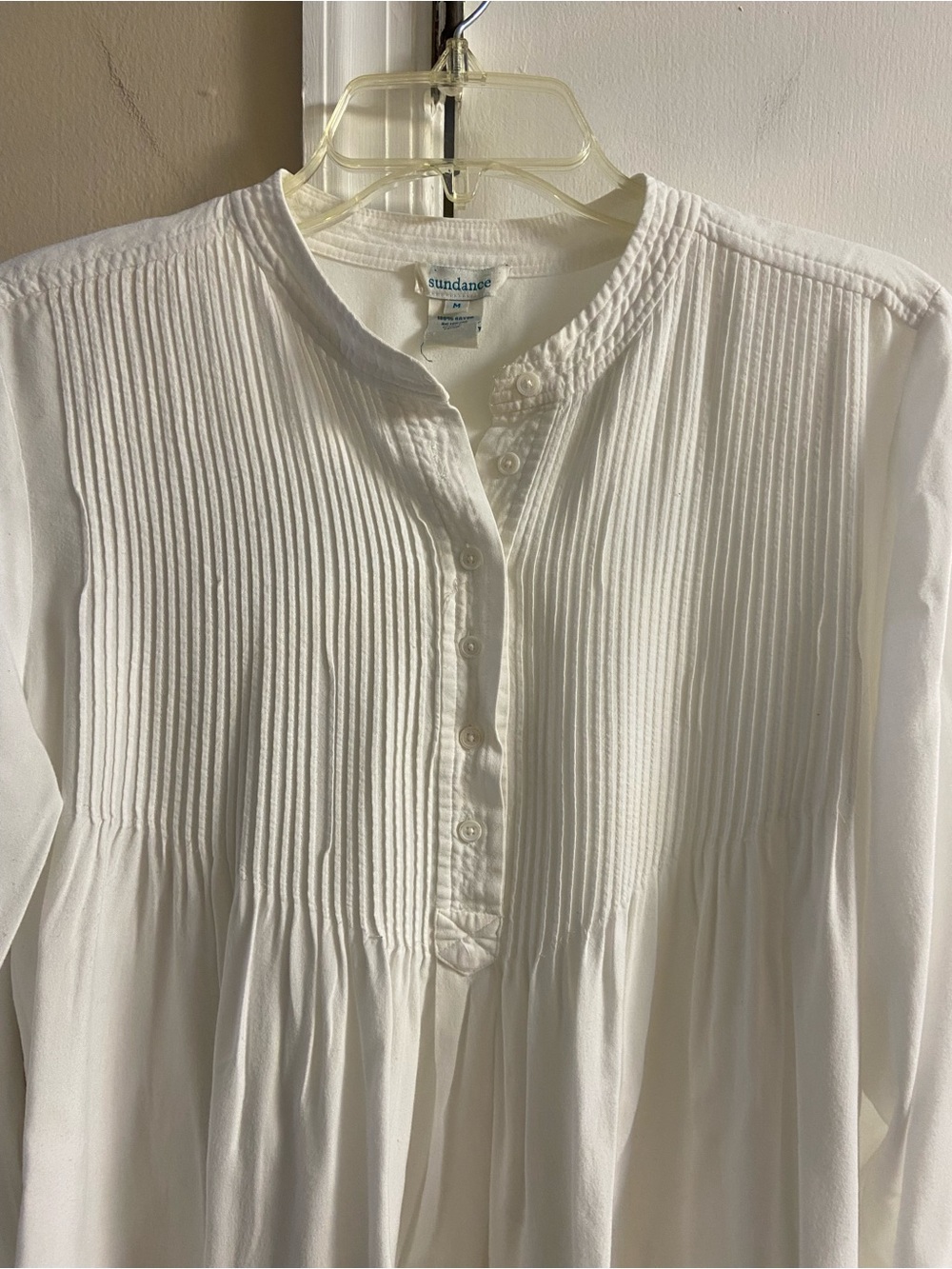 Sundance White Cotton Pintuck Pleated Long Sleeve Henley Blouse Medium - Picture 3 of 6